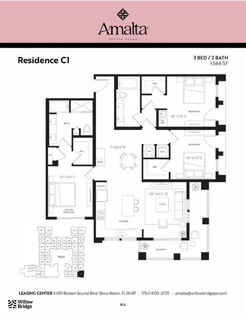 A floor plan for a 3 bedroom/2 bathroom apartment at Amalta Residence CI.